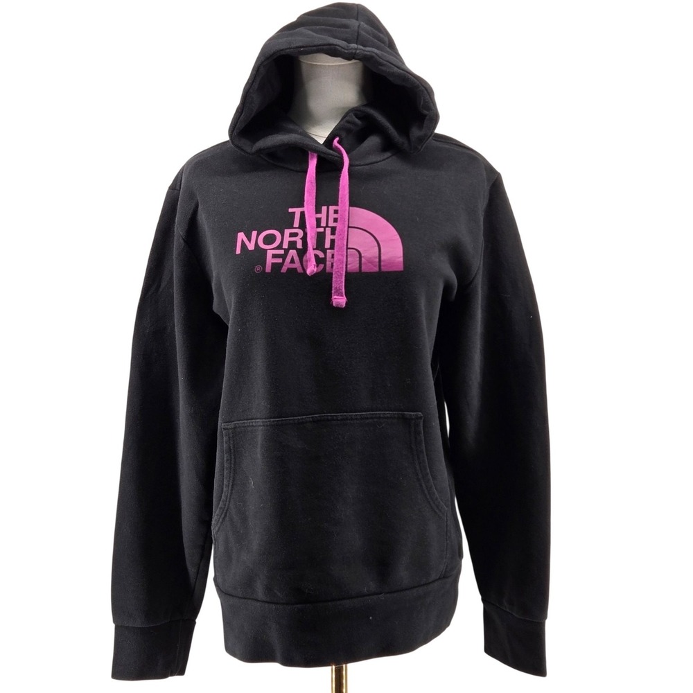 The North Face Hoodie Womens XL Black Pullover Fleece Hooded Pockets Pink Logo